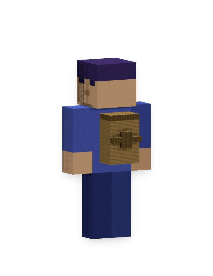 A character carrying a wooden pack