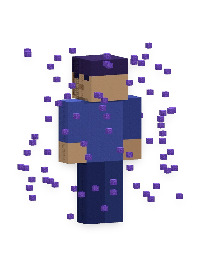 A character ringed by drifting purple motes